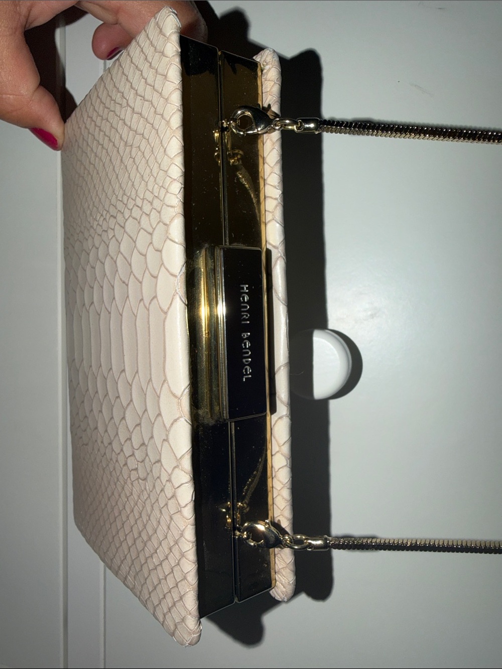 henri bendel Cream Snake-Embossed Clutch with Gold Hardware and Chain